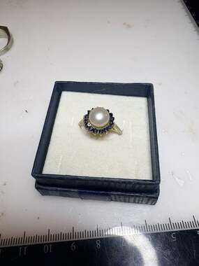 Vintage .925 Sterling Silver Cultured Pearl and Sapphire Halo Cluster Ring